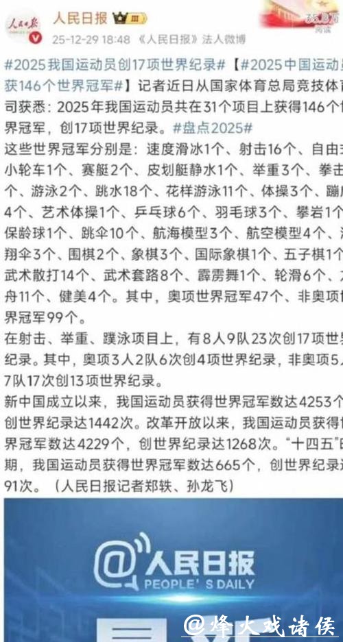 2025年中国体育健儿获得146个世界冠军